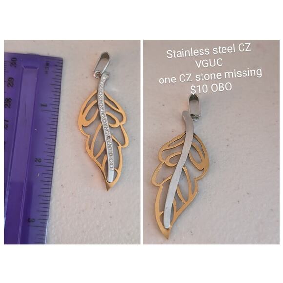 Cubic Zirconia Accent Feather Pendant Stainless Steel - Picture 1 of 1